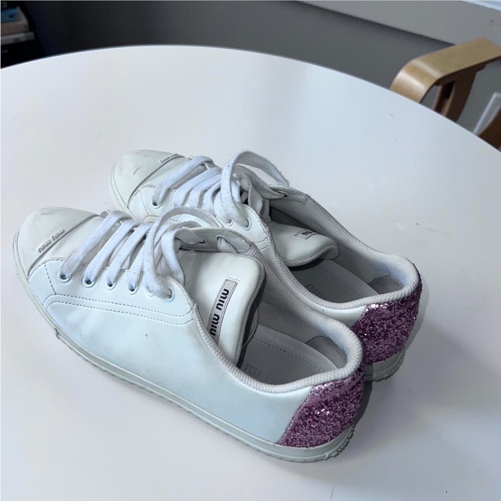 Miumiu white leather pink sparkle sneakers